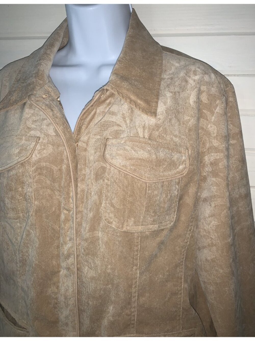 Chico's Sz 2 (LARGE) Khaki Tan Corduroy Jacquard Lined Jacket Pockets EUC